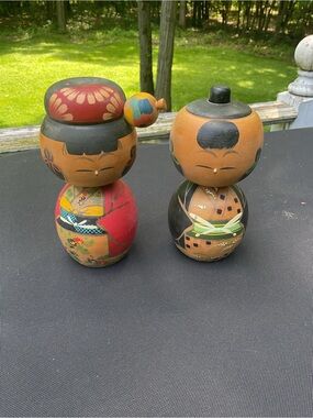 Pair of Vintage Japanese Kokeshi Dolls - Red & Orange
